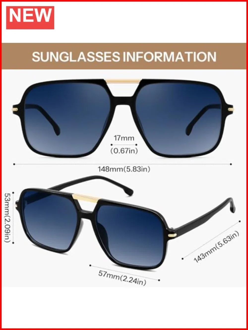 Retro Square Aviator Sunglasses, UV400 Protection, Oversized Frame